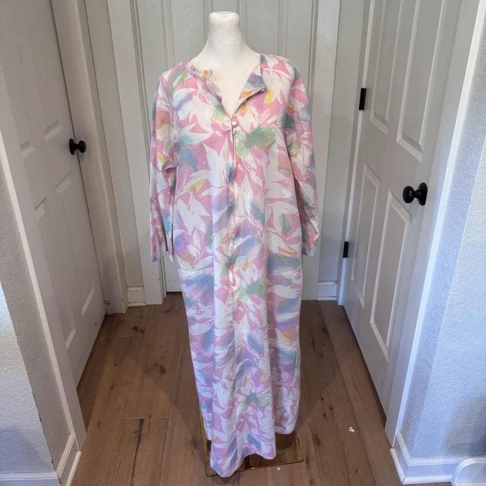 Vintage Twilight Pastel Abstract Floral Maxi Lounger Robe Pink Blue USA Granny